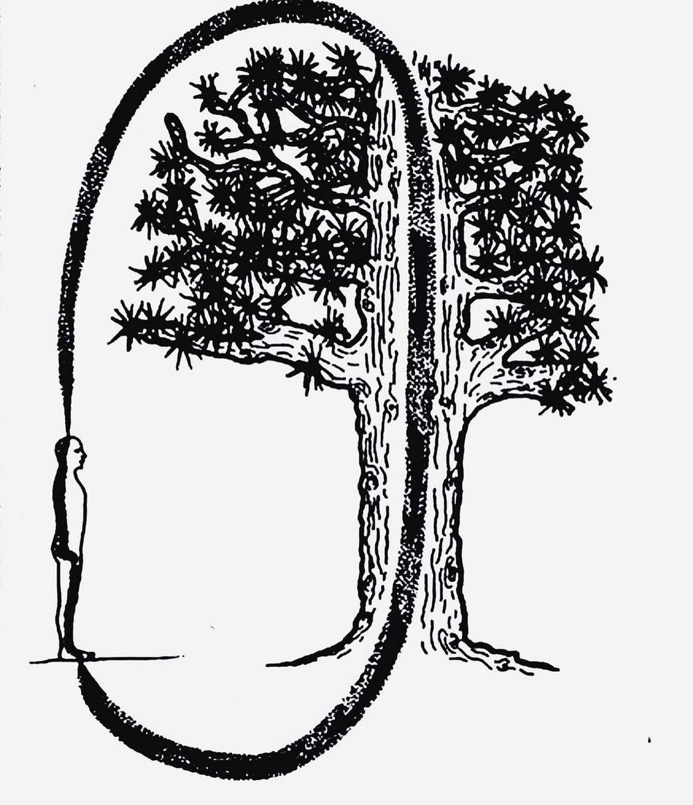 Ink drawing of a person and a tree joined by a loop of energy